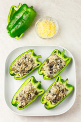 Mushroom turkey rice stuffed bell pepper.  Top view.