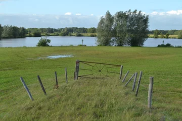 Fototapeten een weiland met hek aan de rivier de Vecht in het Vechtdal © henkbouwers