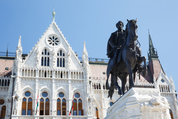 Fototapeta premium Statue Hungarian Prime Minister Count Gyula Andrassy situated outside the Hungarian Parliament