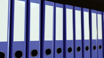 Row of violet office binders. Business, paperwork, data storage related background. 3D rendering