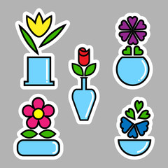 Set of flowers in vases. Vector illustration for sticker, label or price tag