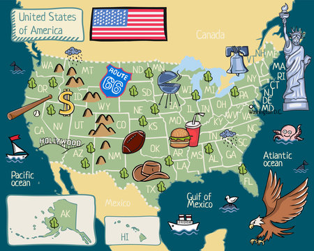cartoon map of USA