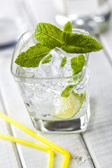 Non-alcoholic mojito mocktail with mint leaves and lime.