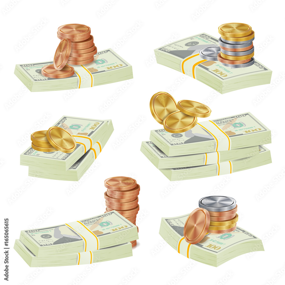 Sticker Dollar Stacks Vector. Gold Coins And Money Banknotes. Cash Symbol. Money Bill Isolated Illustration.