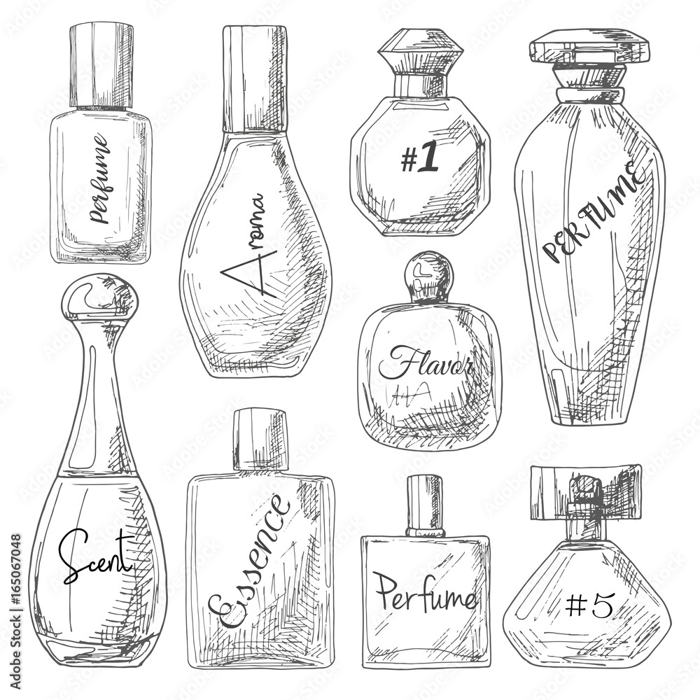 Poster set of different bottles of perfume. vector illustration of a sketch style.
