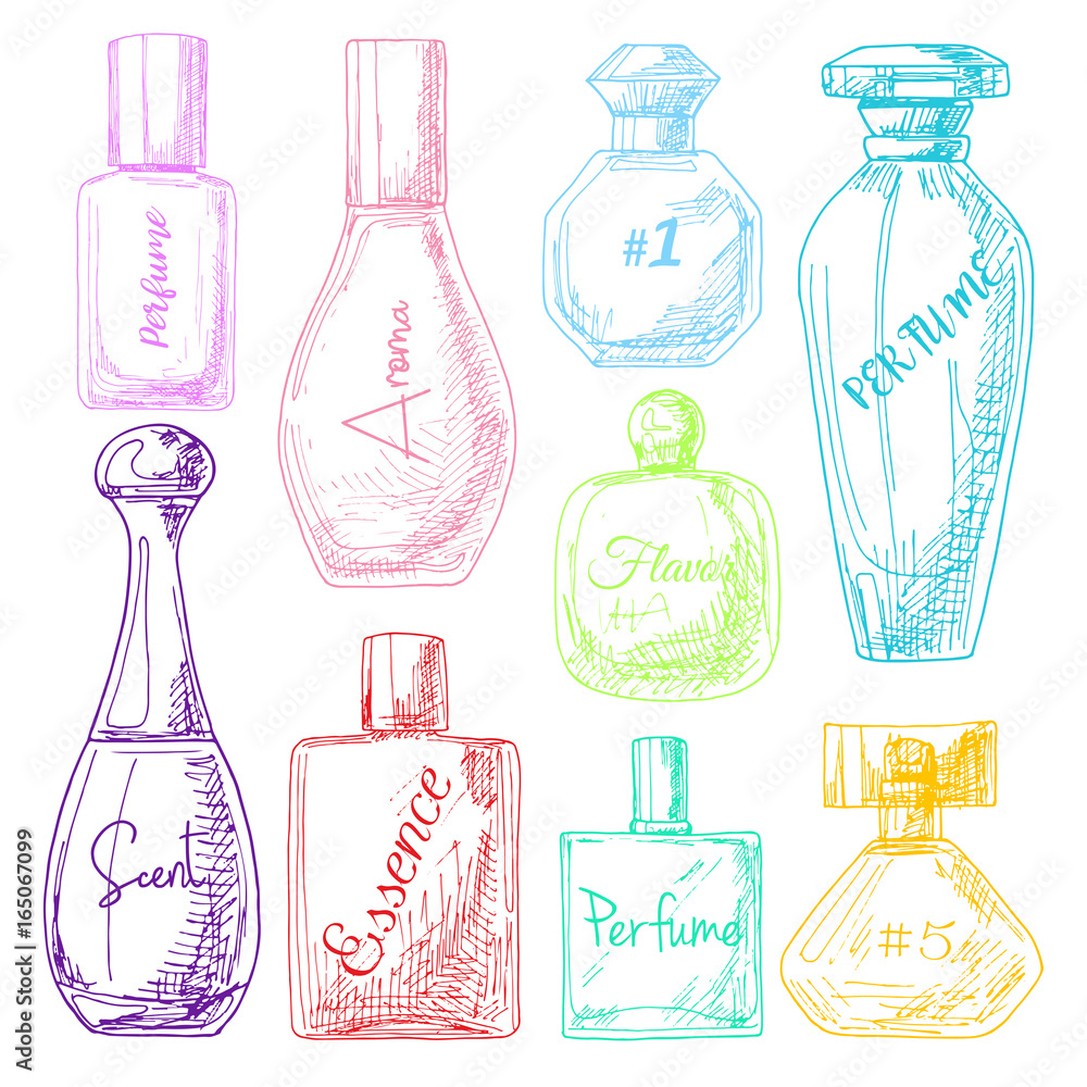 Poster set of different bottles of perfume. vector illustration of a sketch style.