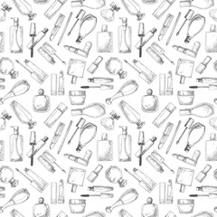 Seamless pattern with cosmetics. Lipsticks, mascara, cream. Illustration of a sketch style.