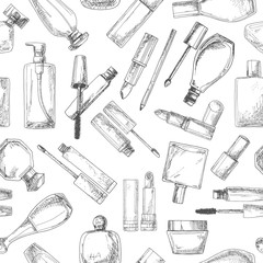 Seamless pattern with cosmetics. Lipsticks, mascara, cream. Vector illustration of a sketch style. - 165067265