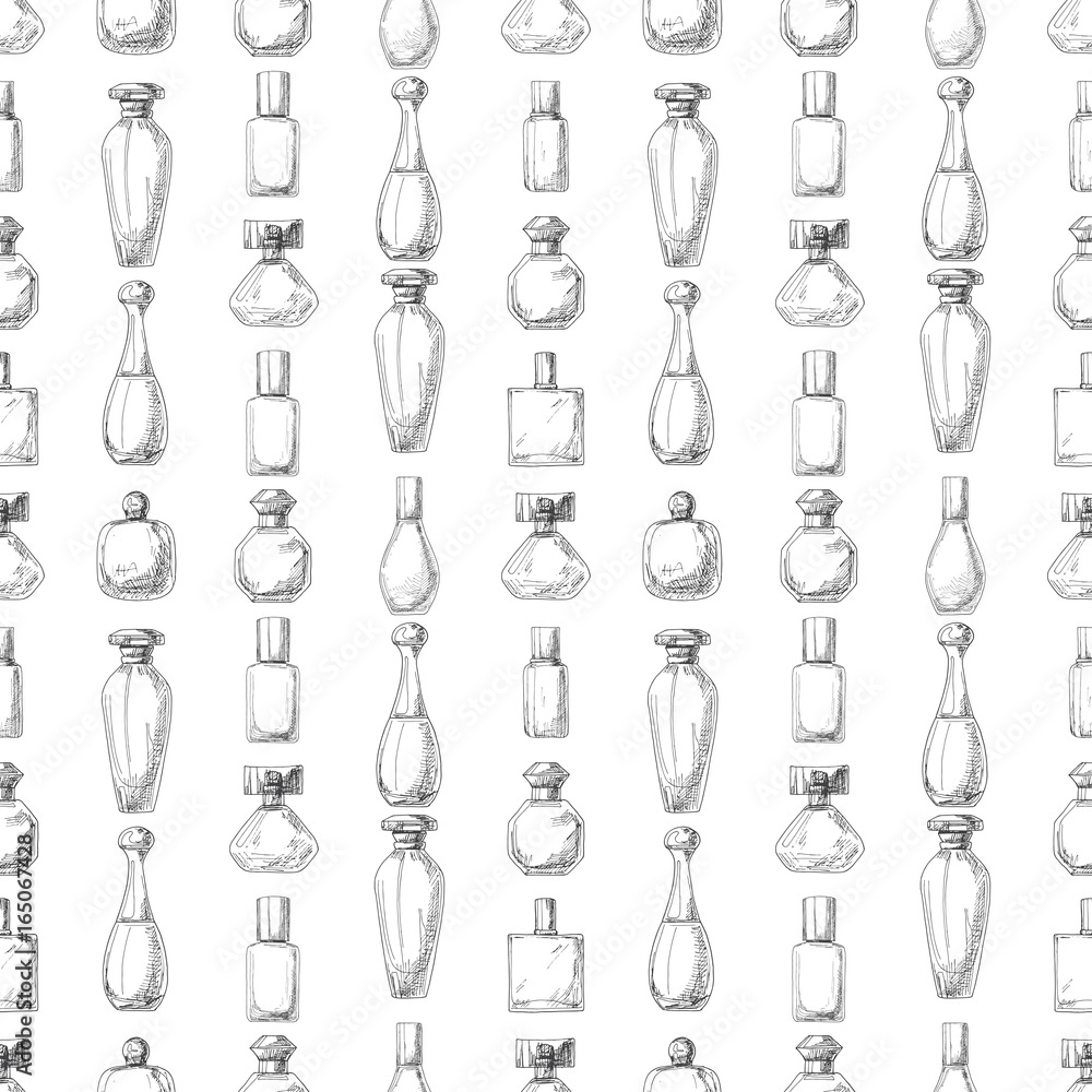 Poster seamless pattern with perfume bottles. illustration of a sketch style.