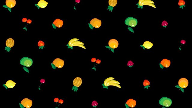 A set of pineapple fruits, apple, apricot, peach, cherry, cherry, raspberry, Lemon, orange, Strawberry, banana. Badges, stickers. Fly to the bottom, rotate. Cartoon, video, animation.Alpha