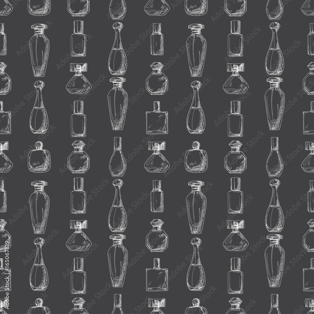 Poster seamless pattern with perfume bottles. illustration of a sketch style.