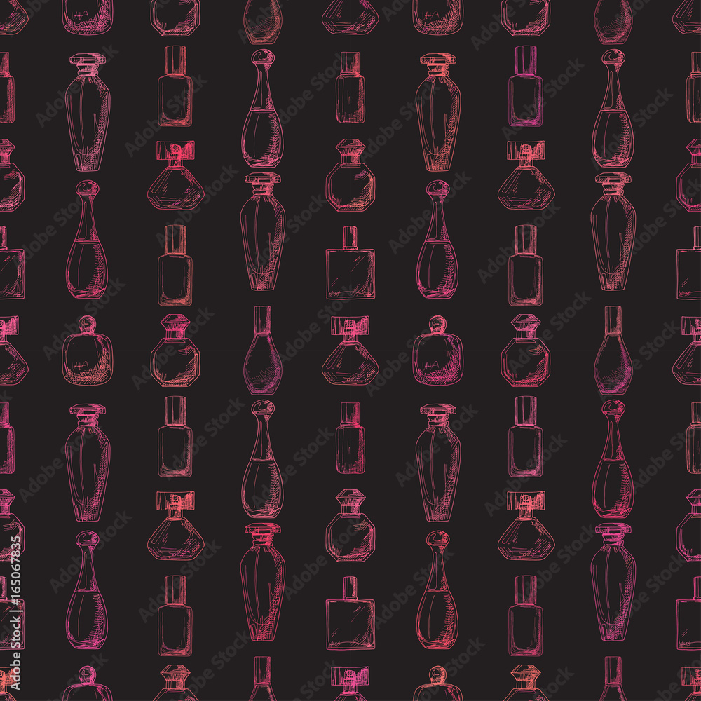 Poster seamless pattern with perfume bottles. illustration of a sketch style.