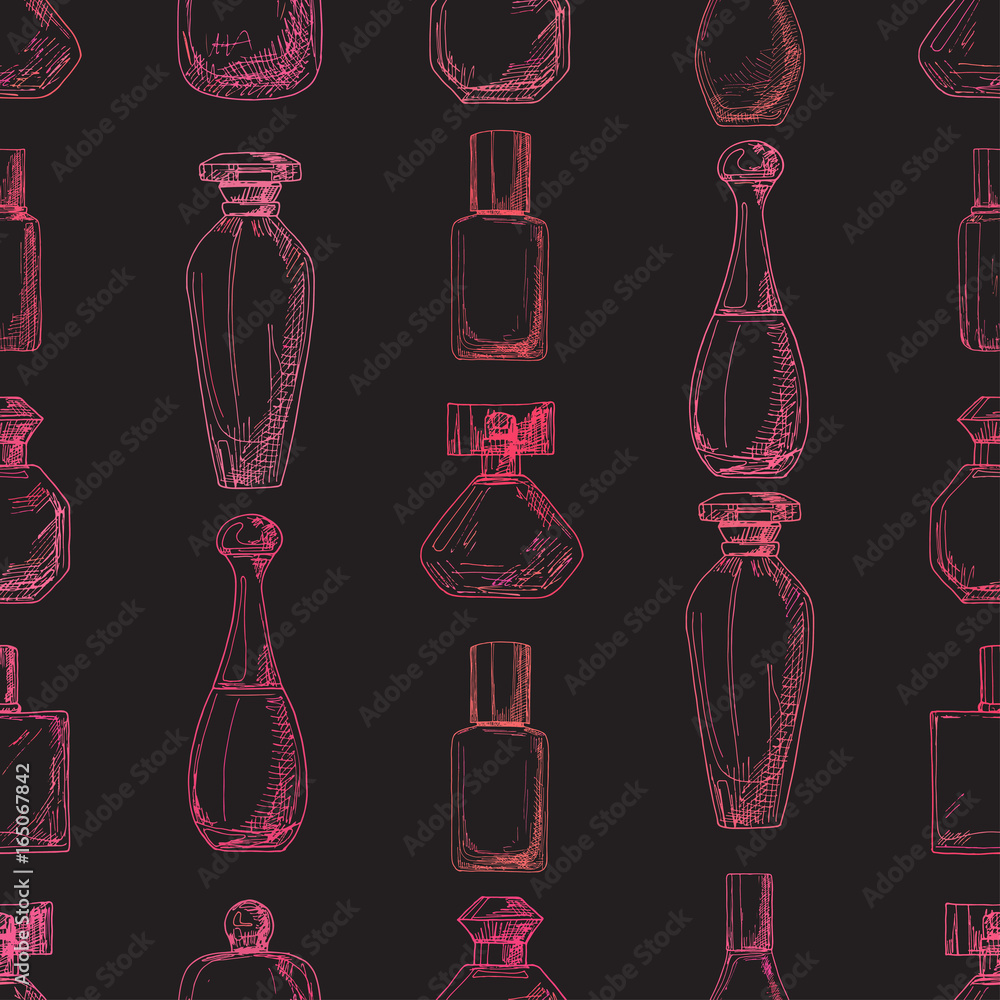 Poster seamless pattern with perfume bottles. vector illustration of a sketch style.
