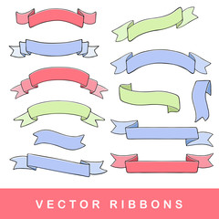Hand drawn ribbons.Vector ribbon banners set on white background.