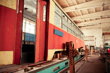 Old tram in the repair shop