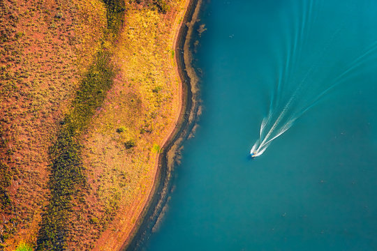 Aerial view of speedboat on Lake Argyle, Western Australia