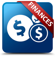 Finances (dollar sign) blue square button red ribbon in corner