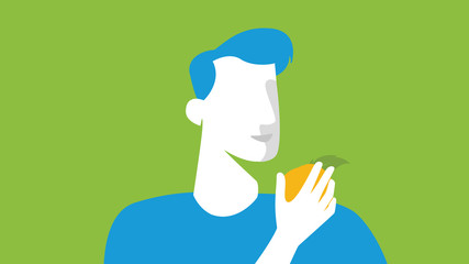 Men silhouette eating quince at the farming fields. Abstract Vector. Agrotourism. Agribusiness. Rural landscape. Design elements for info graphic, websites and print media. Vector illustration