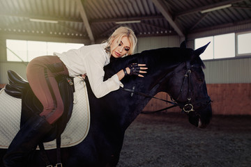 Fototapeta na wymiar Beautiful elegant young blonde girl lies on a her black horse dressing uniform competition white blouse shirt and brown pants.
