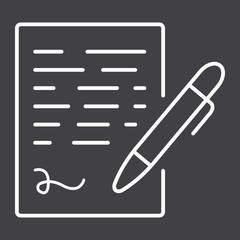 Pen signing line icon, business contract and signature, vector graphics, a linear pattern on a black background, eps 10.