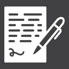 Pen signing solid icon, business contract and signature, vector graphics, a glyph pattern on a black background, eps 10.
