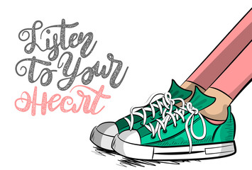 Pop art woman sneakers shoelace stay thinking listen to heart. Philosophy love lettering comic text phrase. Cartoon colored sketch vector illustration. Funny young girl fashion foot casual style.