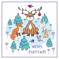Cheerful Christmas greeting card with the image of a ridiculous deer and woodland animals.