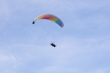 Paraglider flying in the air during colorful sunset. Slovakia