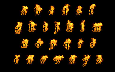 Fire alphabet isolated on black background, 3d illustration