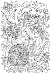 Coloring book page with Sunflowers and leaf in zentangle style. Black and white vector illustration. Doodle, hand drawn, zen art, anti stress. A4 size.