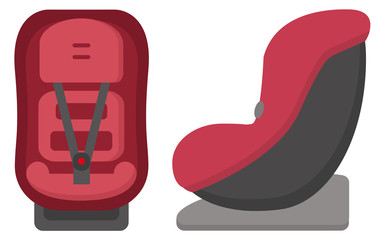 Black And Red Kid Car Seat, Front And Side View Isolated On A White Background