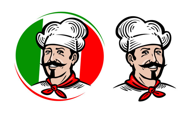 Chef, logo. Italian food, pizza, restaurant, menu label. Cartoon vector illustration