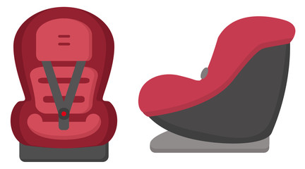 Black And Red Baby Car Seat. Front And Side Views Isolated On A White Background. Vector.