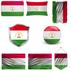 Set of the national flag of Tajikistan in different designs on a white background. Realistic vector illustration.