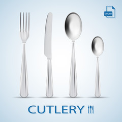 Cutlery Set Of Fork, Spoon, Knife And Dessert Spoon Isolated On A Background. Realistic Vector Illustration.