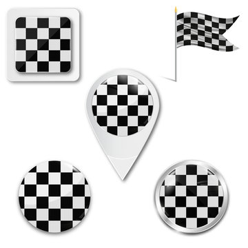 Set of checkered flag icons for racing in different versions on a white background. Realistic vector illustration. Button, pointer and checkbox.