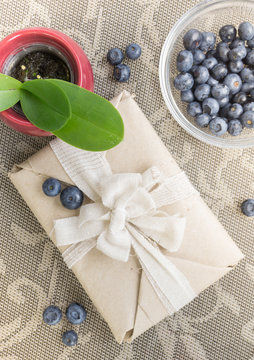Composition of a gift in eco package, blueberries in a bowl and a little plant in a flowerpot