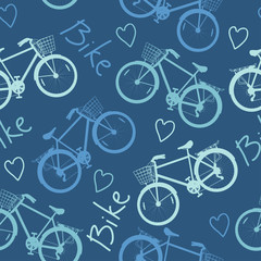 Pattern from blue silhouette bikes, lettering bike and heart on dark blue background. Vector illustration