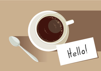 white top view cup of coffee with tea spoon and message card 
