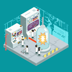 Isometric scientific laboratory experiment experience scientists work control panel analysis production development study technology business flat design concept illustration