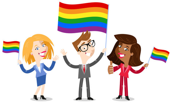 Smiling group of cartoon business people waving rainbow LGBT flag celebrating gay pride isolated on white background