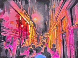 People walking on the red light district at night in Amsterdam. Oil painting. Red light street from inside. Watercolor painting. Good for postcards, posters, web design, artwork. High resolution.