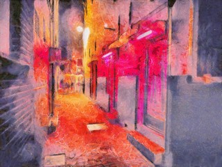 View of the red light district at night in Amsterdam. Oil painting. Red light street from the inside. Watercolor painting. Good for postcards, posters, web design, artwork. High resolution.