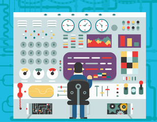 Technology control panel dashboard system switch button display analysis production development study flat design concept vector illustration
