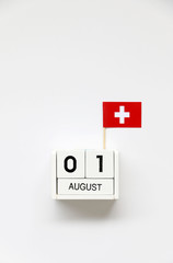 AUGUST 01 Wooden calendar Concept independence day of Switzerland and Switzerland national day.Copy space,minimal style