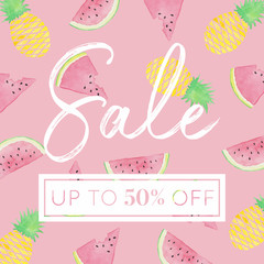 Pineapples and Watermelon Slices - Watercolor Sale Banner Pink