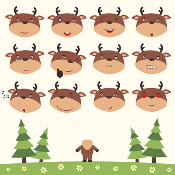 Emoticons set face of reindeer in cartoon style. Collection isolated heads of reindeer in different emotion and his body on meadow with trees.