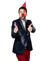 Man with jacket with clown nose