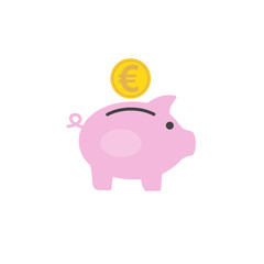 Money box pig with euro coin inserting in it. Flat style icon. Vector illustration