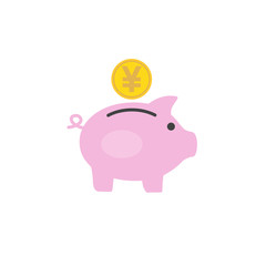 Money box pig with yuan or yen coin inserting in it. Flat style icon. Vector illustration